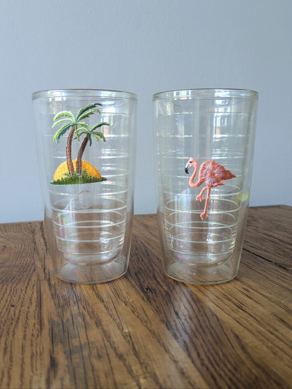 🌴🦩Palm Tree Flamingo Tervis Insulated Tumblers Embroidered Set Of 2 Cups 16 oz